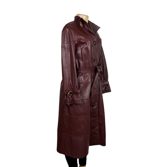 Tfc Women Maroon 100% Genuine Leather Belted Trench Coat Lined With Rayon Sz 8 - Picture 3 of 16